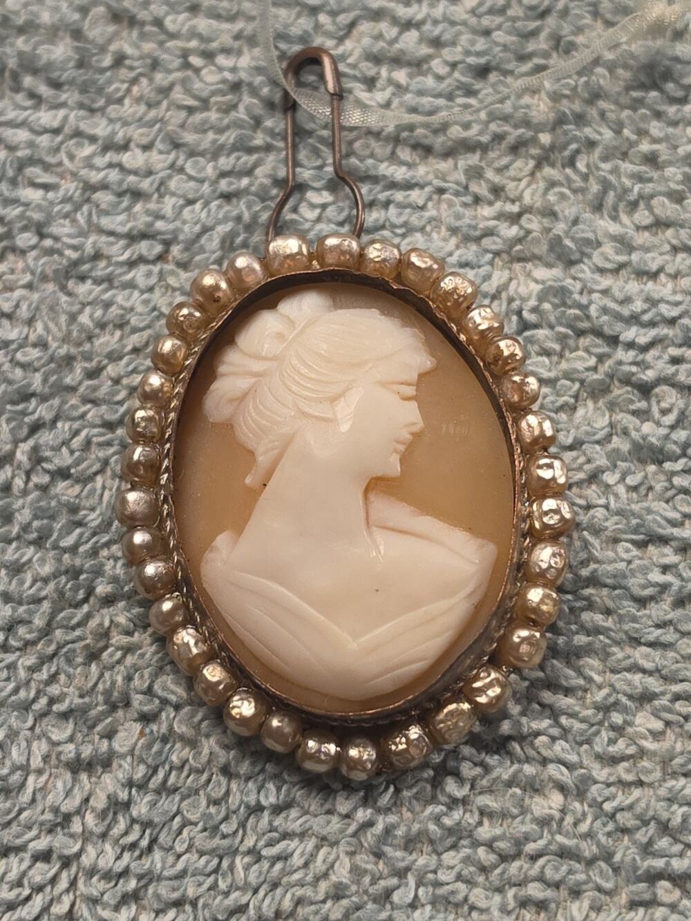 Vintage Italian Carved Shell Cameo Brooch Pendant 800 Silver Beaded Frame Pin